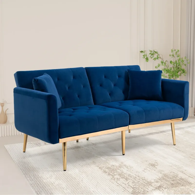 Velvet 2-Seater Sofa Bed with 3-Position Reclining Backrest and Rose Gold Legs