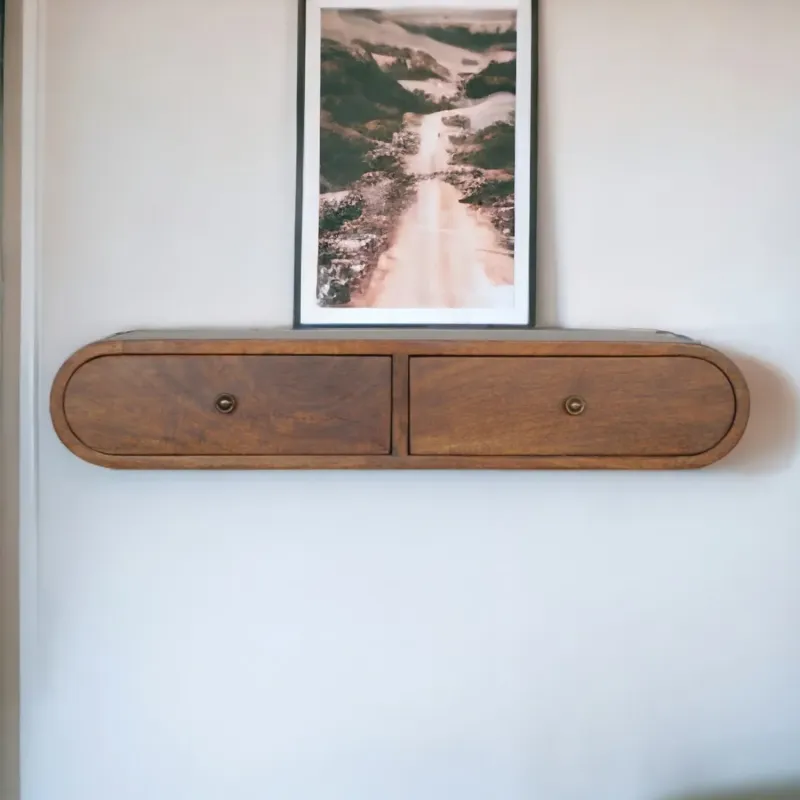 London Solid Mango Wood Floating Console Table with 2 Drawers - Chestnut Finish