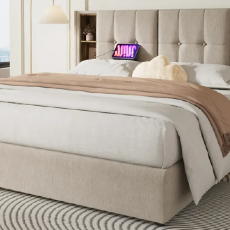 6FT Super King Upholstered Ottoman Bed with Wireless Charging & Storage Headboard - Natural Linen