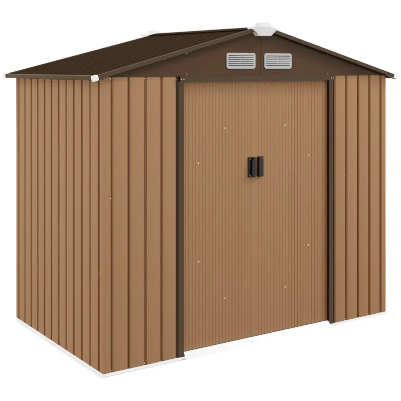  7ft x 4ft Lockable Metal Garden Storage Shed with Foundation - Light Brown