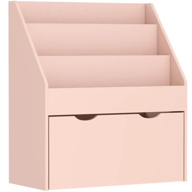 Kids' Pink Wooden Bookcase with 3 Shelves and Mobile Toy Drawer