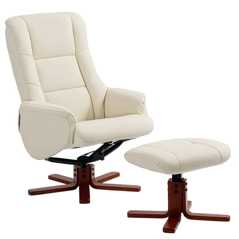  Rocking Recliner Armchair with Matching Footstool - Cream PU Leather
