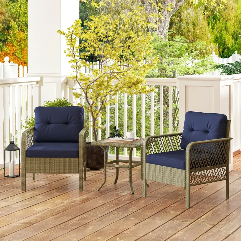  3 Piece Rattan Bistro Set with Glass Top Table & Cushions - Charcoal Grey