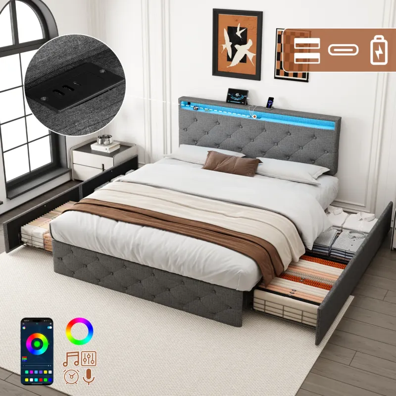 Double Upholstered Storage Bed with LED Headboard and Charging Station - Grey
