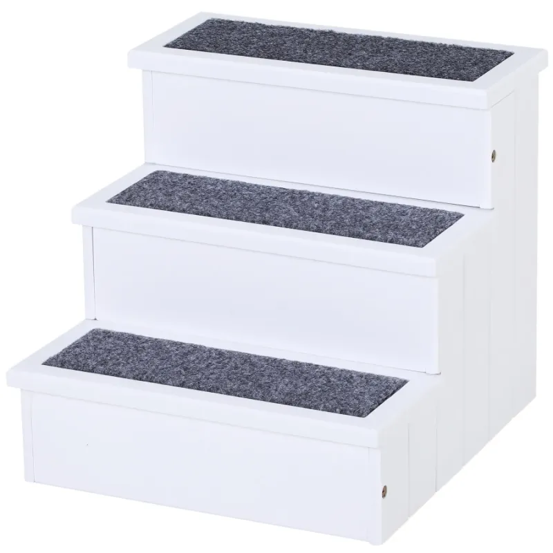 3-Step Wooden Pet Stairs with Hidden Storage - White