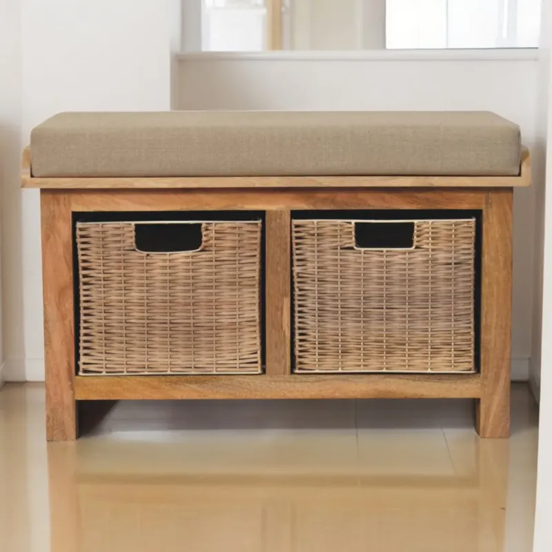 Solid Mango Wood Storage Bench with 2 Rattan Baskets - Light Brown