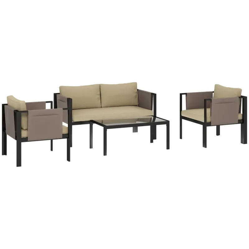  4 Piece Metal Garden Furniture Set with Glass Coffee Table and Padded Cushions - Khaki