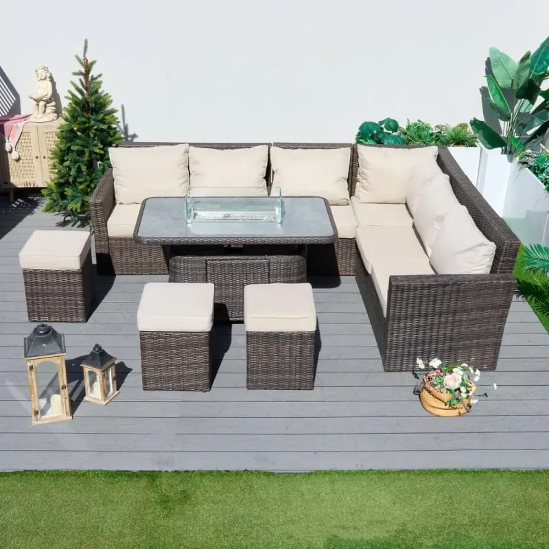 Santiago 9 Seater Brown Rattan Garden Corner Sofa Set with Lift-Top Fire Pit Table
