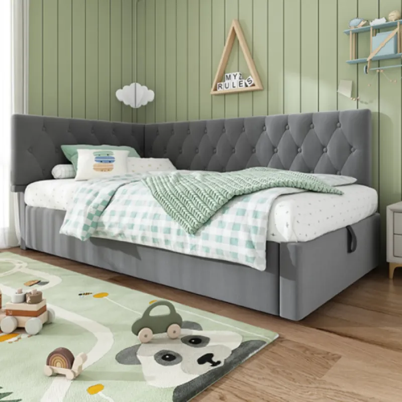 Grey Velvet 3FT Single Ottoman Daybed with Hydraulic Storage and L-Shaped Backrest