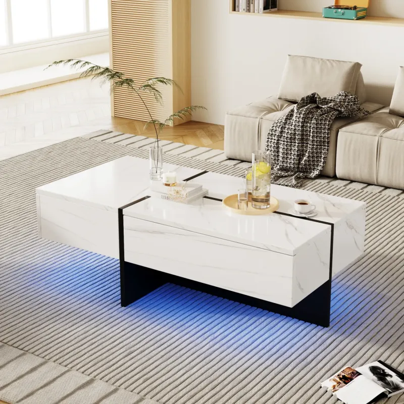 White Marble-Effect High Gloss Coffee Table with App-Controlled LED Lighting and 3 Drawers