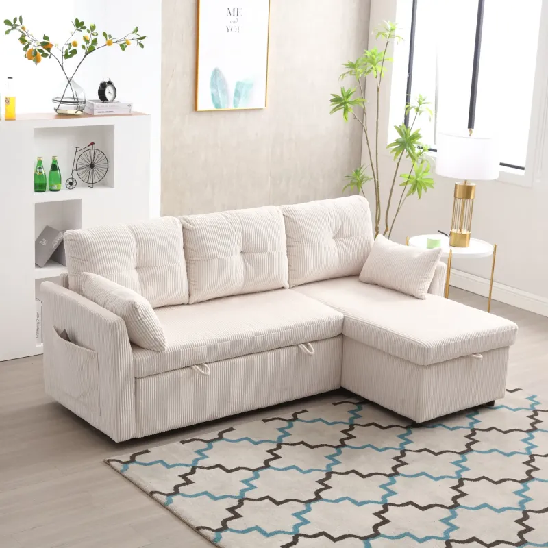 Corduroy 2 Seater L-Shape Sofa Bed in Beige, with Reversible Storage Chaise and Pull-Out Bed