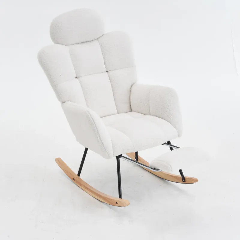 Ivory White Teddy Fabric Rocking Chair with Headrest and Foldable Footrest