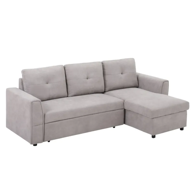3-Seater L-Shape Storage Sofa Bed with Chaise in Light Grey Linen-Look