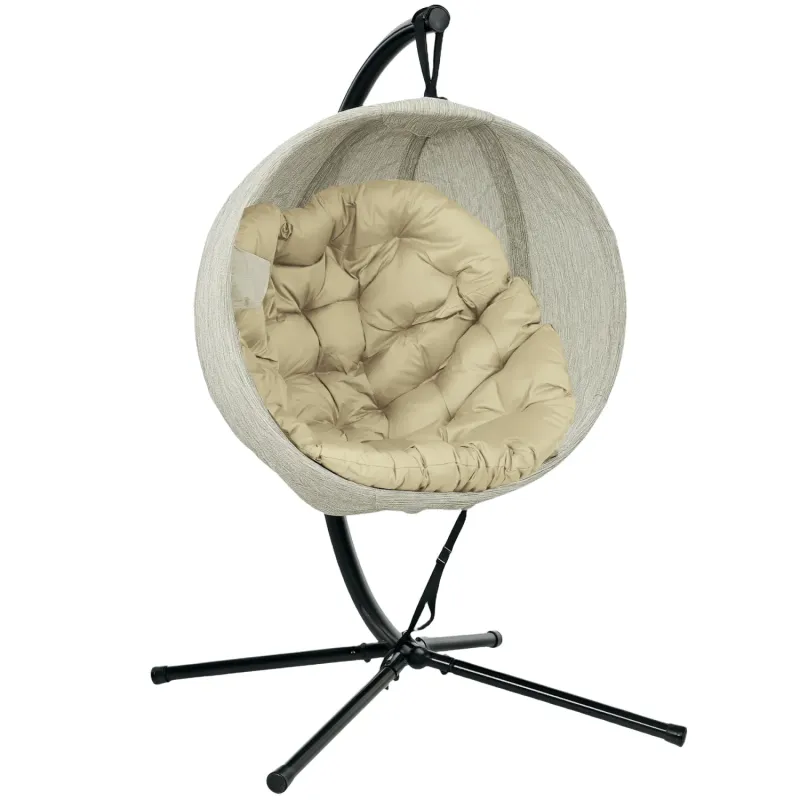  Folding Hanging Egg Chair with Stand and Cup Holder - Khaki