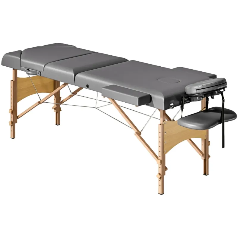 3-Section Foldable Massage Table with Beech Wood Legs & Adjustable Backrest - Grey