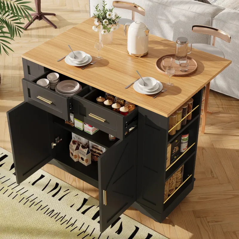 Rolling Kitchen Island with Foldable Drop-Leaf Worktop & 2 Drawers - Black