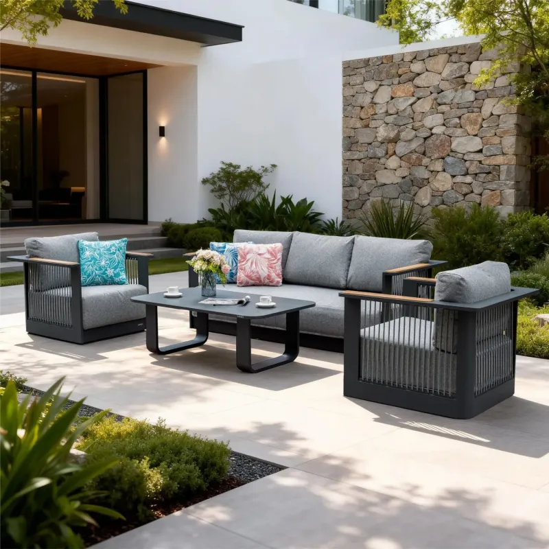 Talara 5-Seater Aluminium Garden Sofa Set with Teak Armrests