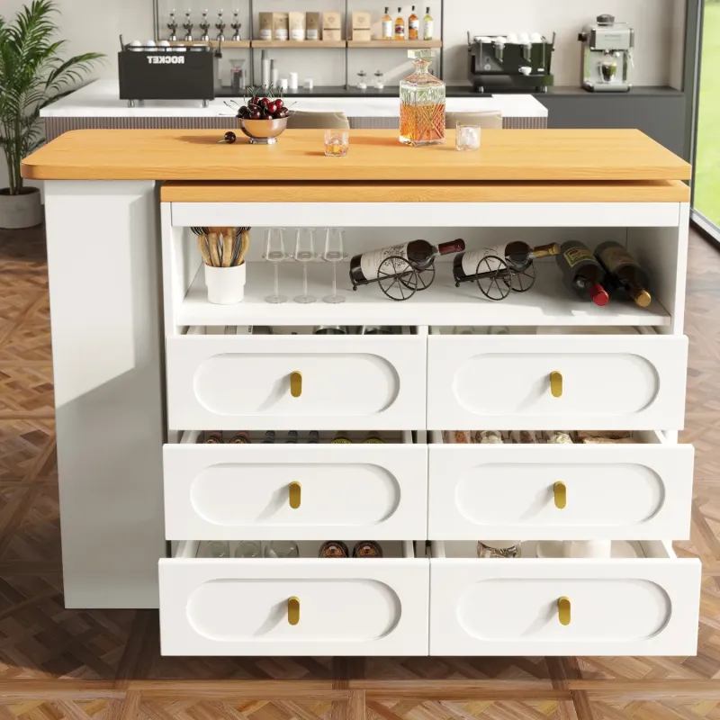 360° Rotating White Bar Table with 6 Drawers and Spice Rack