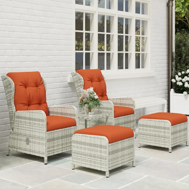  5-Piece Reclining Rattan Bistro Set with Footstools and Tempered Glass Side Table - Orange