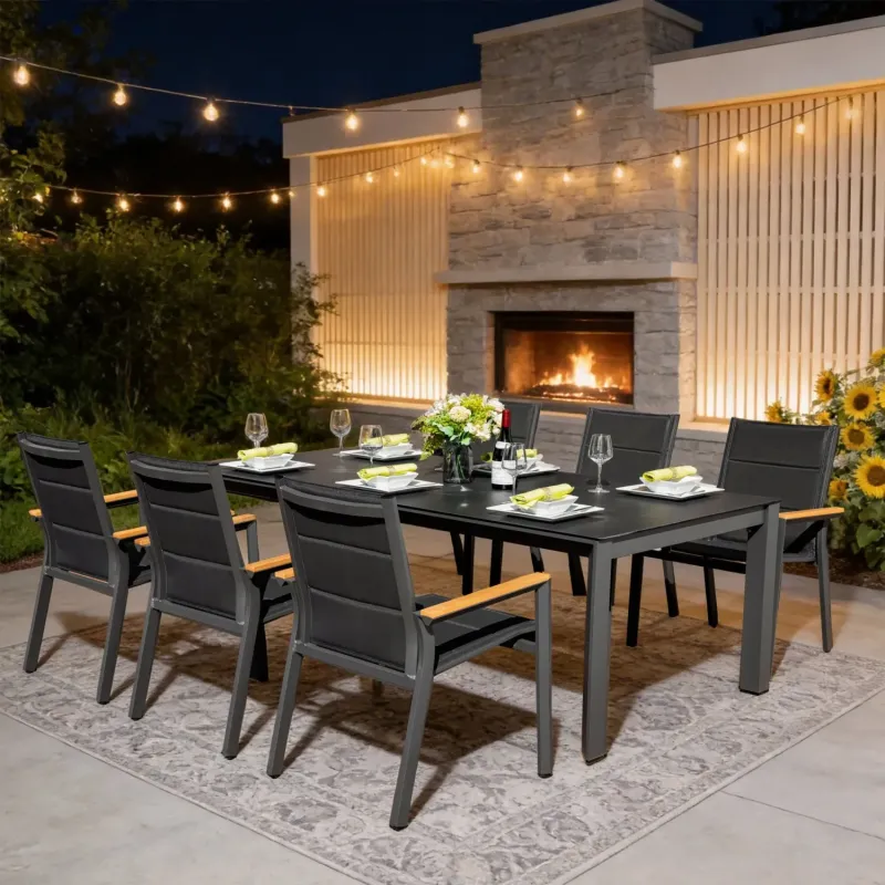 Arve 6 Seater Aluminium Garden Dining Set with Ceramic Glass Table and Teak Armrests