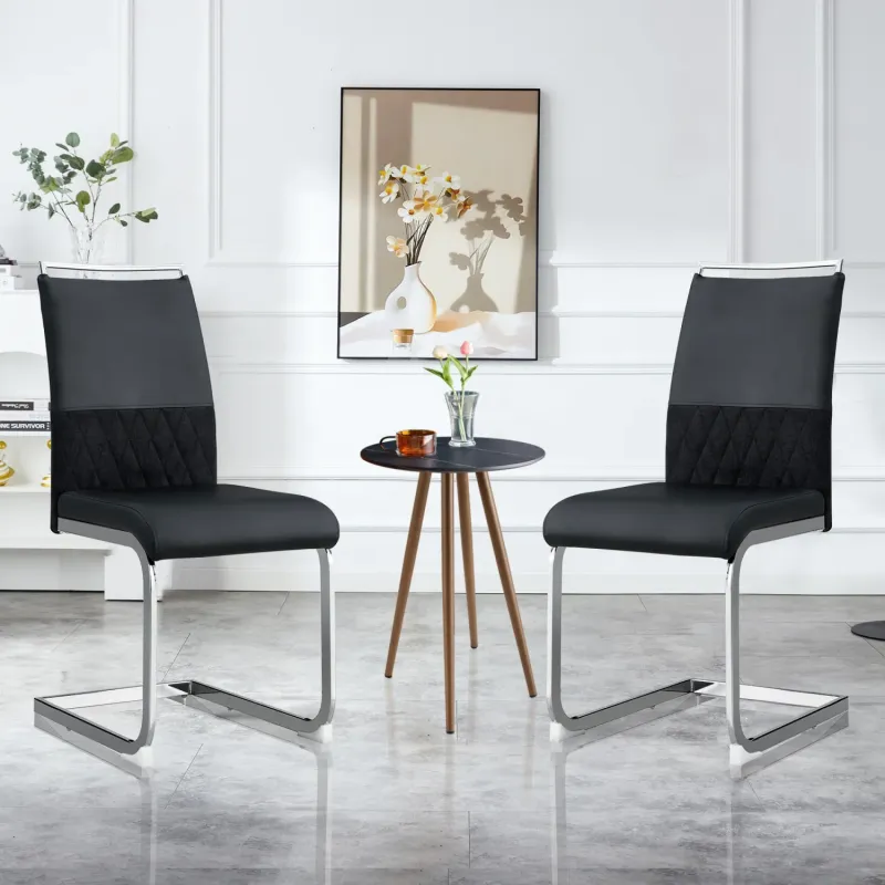 Set of 2 Modern High Back Dining Chairs - PU Leather & Linen - Black