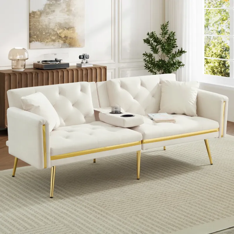 Velvet 2-Seater Sofa Bed with Adjustable Backrest and Cup Holders - Gold Accents
