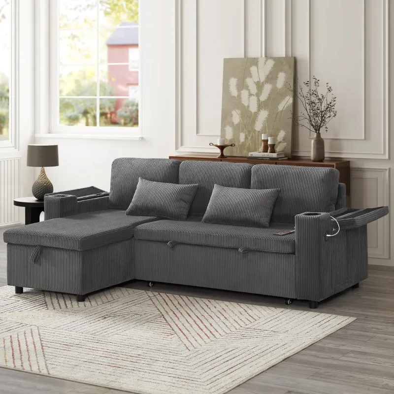 3-Seater Grey Corduroy L-Shaped Sofa Bed with Reversible Storage Chaise & USB Charging
