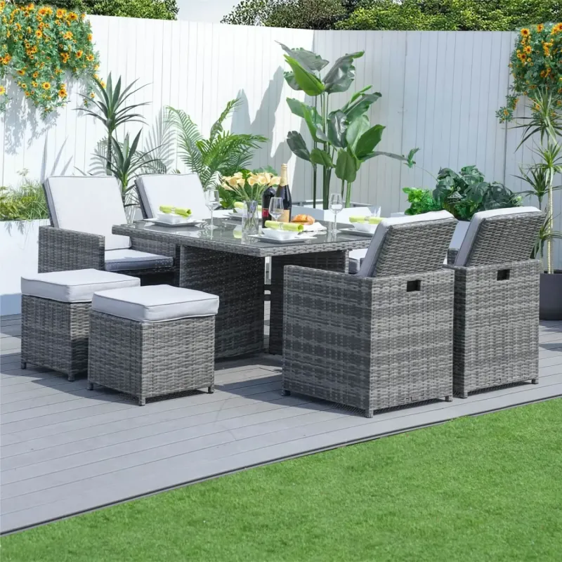 8-Seater Aluminium Rattan Cube Dining Set with Parasol Hole - Grey