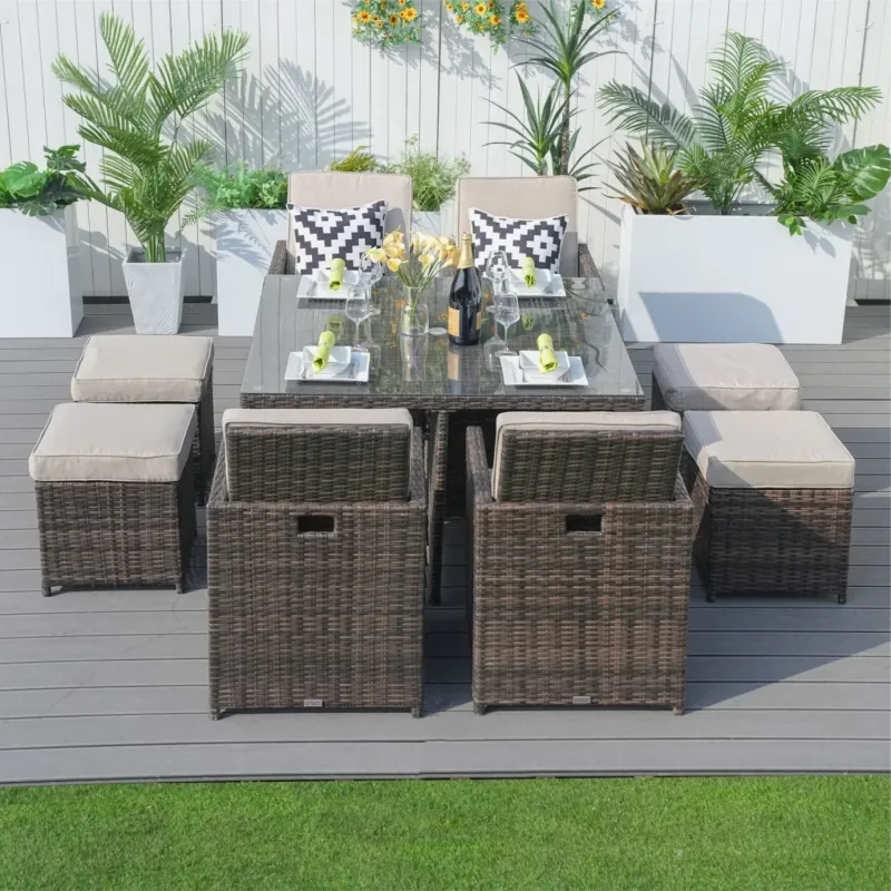 Sonoma Aluminium Rattan Dining Set, 8 Seater Set, in Grey, with a Square Table, Folding Backrests & Footstools