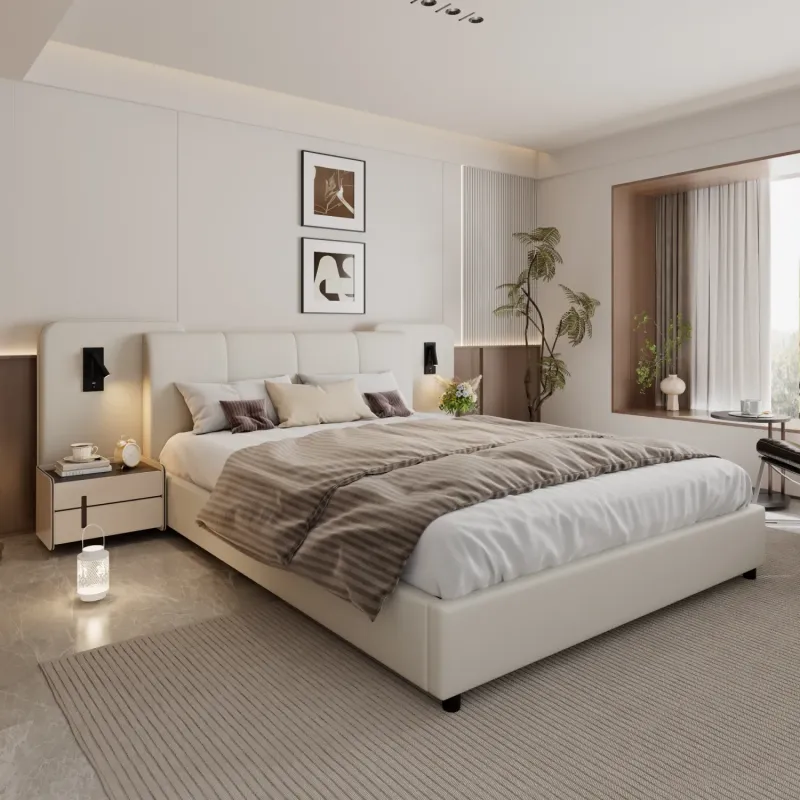 Beige Upholstered 4ft6 Double Bed with Charging Port and Integrated Lighting