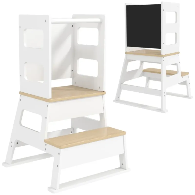 AIYAPLAY 2-in-1 Toddler Learning Tower with Chalkboard and Safety Rail - White