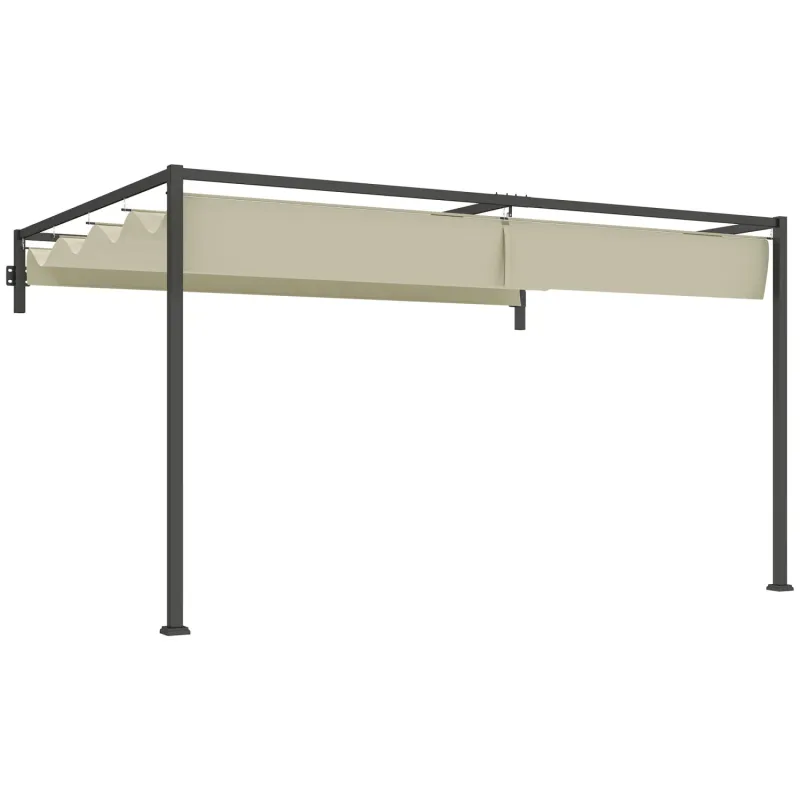  3m x 4m Wall-Mounted Steel Pergola with Retractable Canopy - Khaki