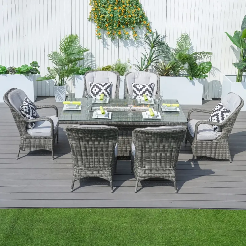 6-Seater Wicker Fire Pit Dining Set with 180cm Rectangular Gas Table - Grey
