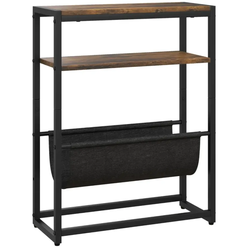  Narrow Industrial Side Table with V-Shaped Magazine Rack - Rustic Brown