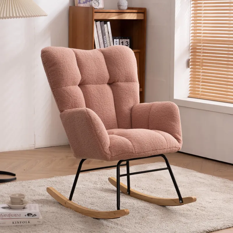 Mid-Century Modern Pink Teddy Fabric Rocking Chair with Tufted Backrest