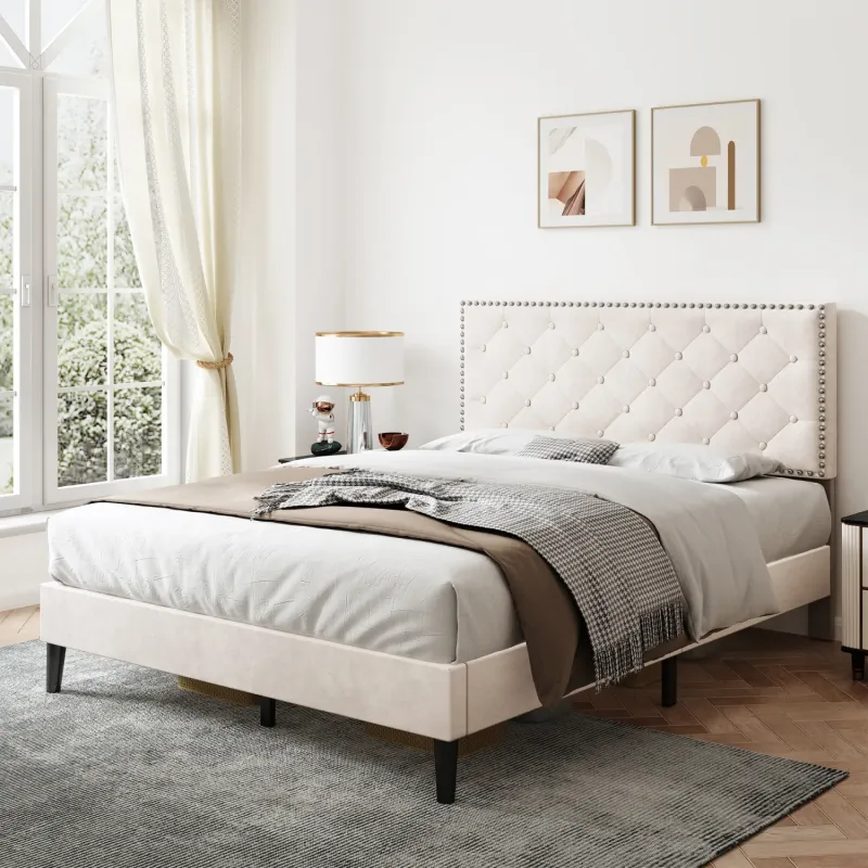 Velvet Upholstered Bed, Double, in Beige, with Adjustable Button-Tufted & Riveted Headboard