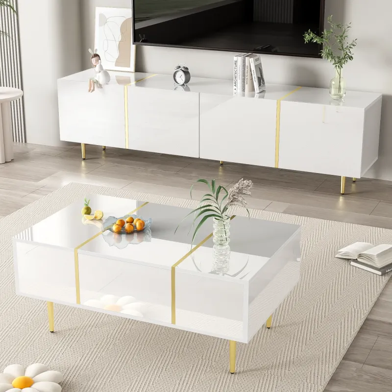 Modern High Gloss White TV Stand and Coffee Table Set with Gold Accents