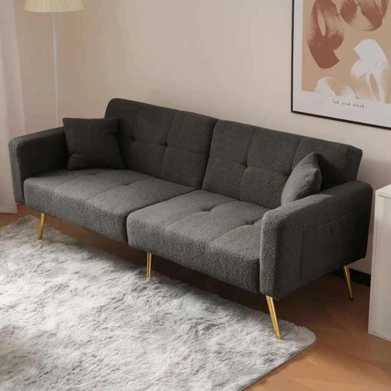 Dark Grey Sherpa 2-Seater Sofa Bed with Gold Legs and Side Pockets