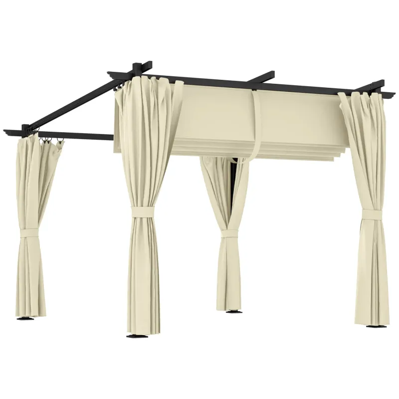 Outsunny 3m x 3m Retractable Roof Pergola with Curtains - Beige