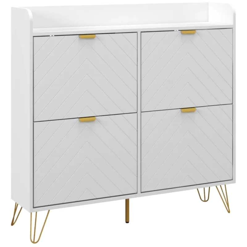 Slim White Shoe Storage Cabinet with 4 Flip Drawers - 16 Pair Capacity