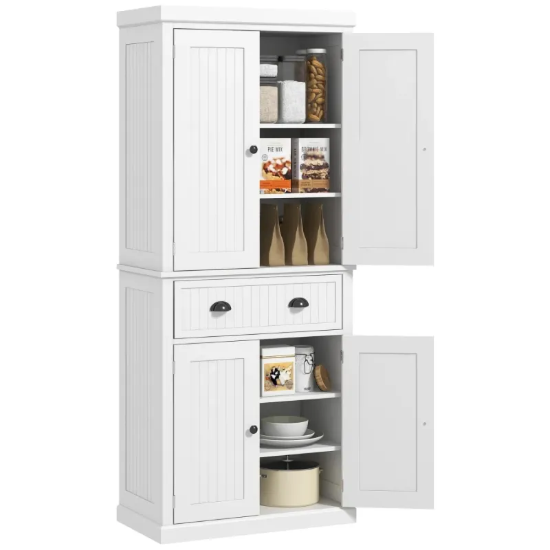 Freestanding Kitchen Larder Cupboard with Adjustable Shelves and Drawer - White