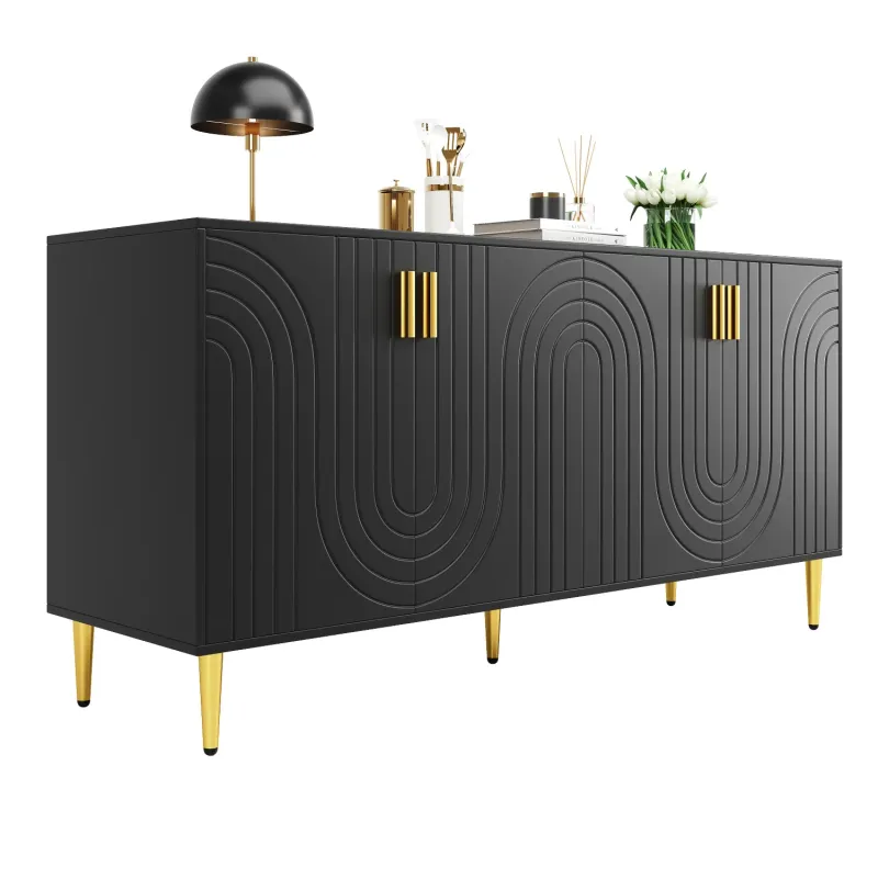 Black 152cm Sideboard with Wave Design and Gold Accents