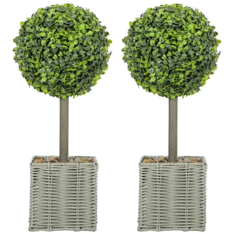 Set of 2 Artificial Boxwood Topiary Balls, 50cm Faux Plants in Woven Pots