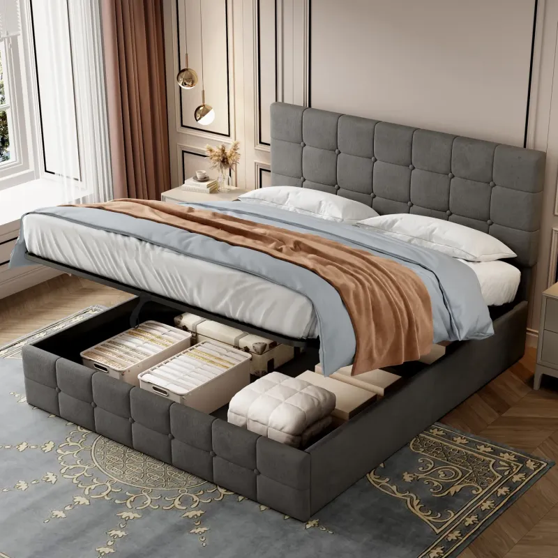 Ottoman Storage Bed, 4ft6 Double, Velvet in Grey, with Adjustable Tufted Headboard