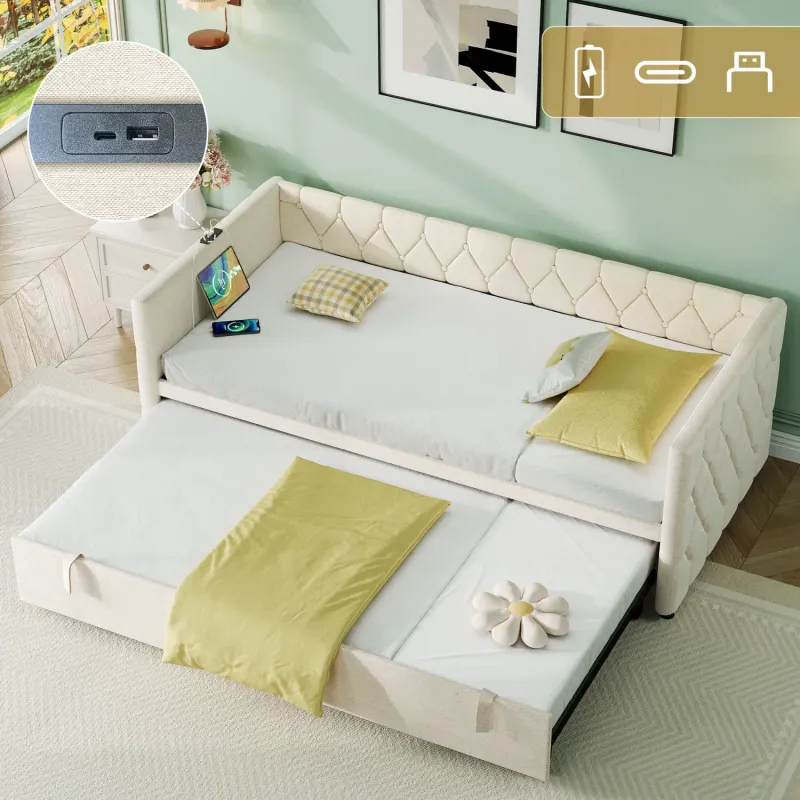 Upholstered 3ft Single Daybed with Pull-Out Trundle and Integrated USB Ports - Beige