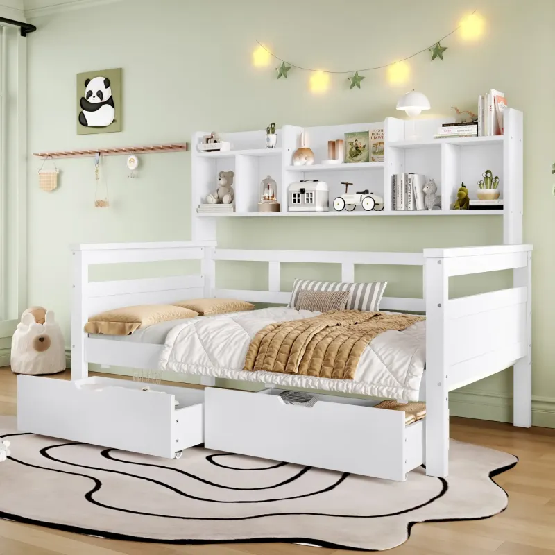 Single White Wooden Bed Frame with Bookcase Headboard and Underbed Storage Drawers