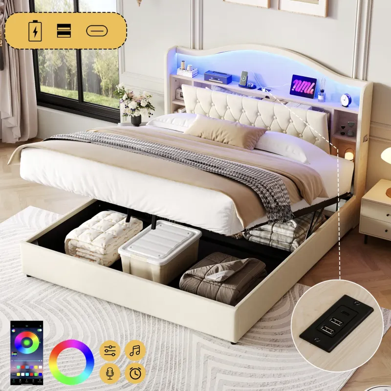 King Upholstered Ottoman Bed with LED Storage Headboard and Charging Station - Beige Linen