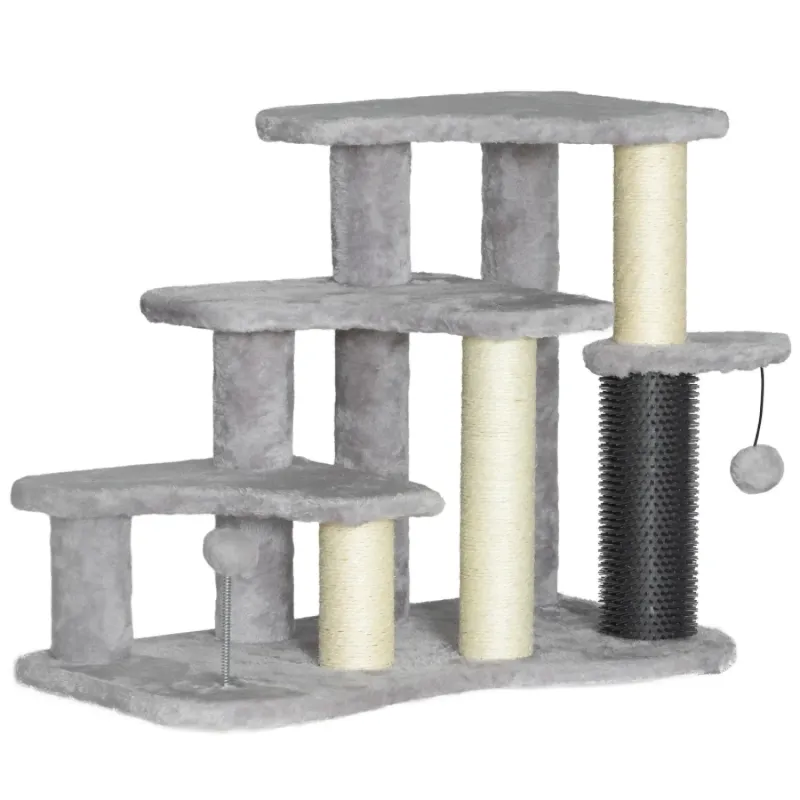 2-in-1 Cat Tree and 3-Step Pet Stairs with Scratching Posts & Toys - Light Grey
