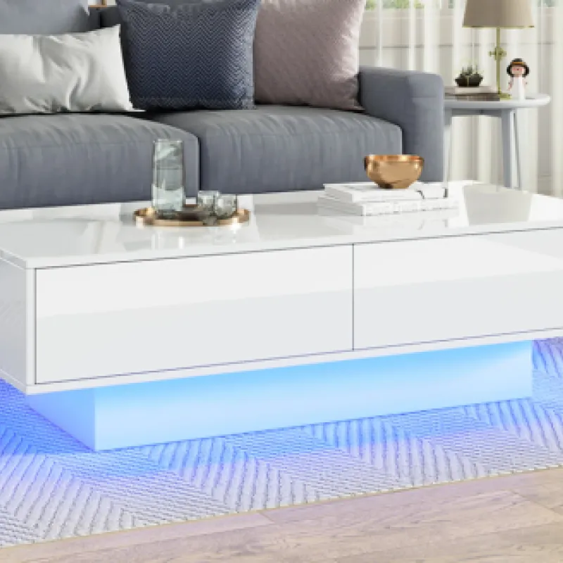 Rectangular Coffee Table, High Gloss White with 2 Drawers and LED Lights