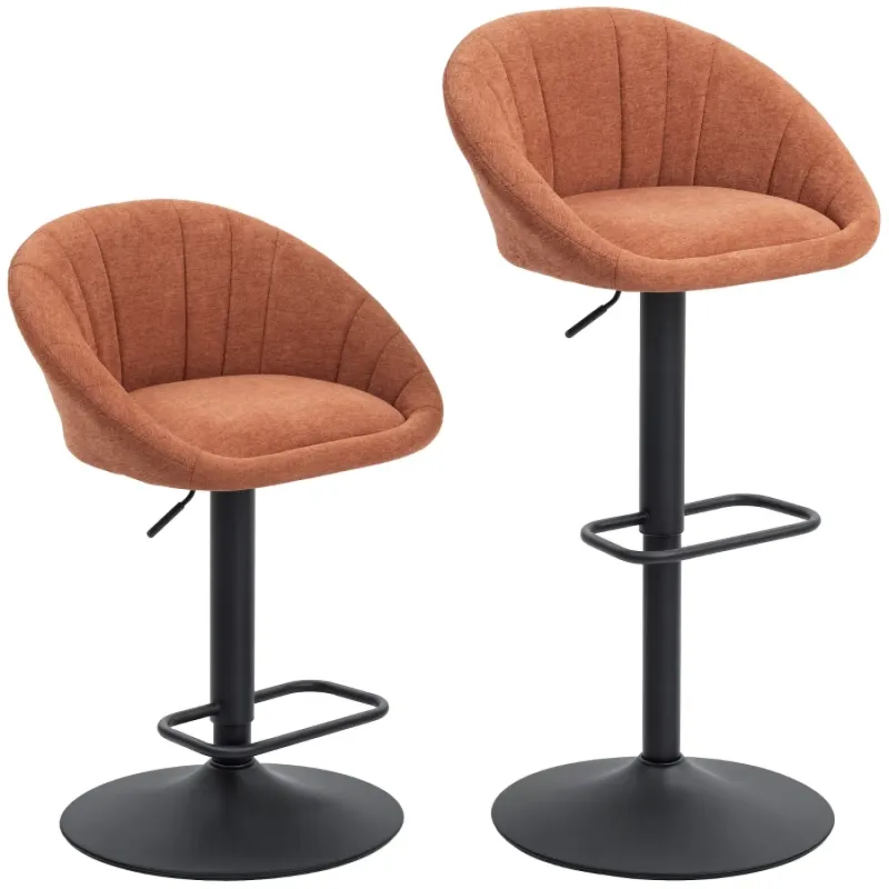  Set of 2 Orange Tub Bar Stools, Adjustable Swivel Kitchen Counter Chairs with Linen-Look Upholstery